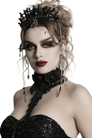 Chic Gothic Black Crystal Headband Featuring Tassel Accents